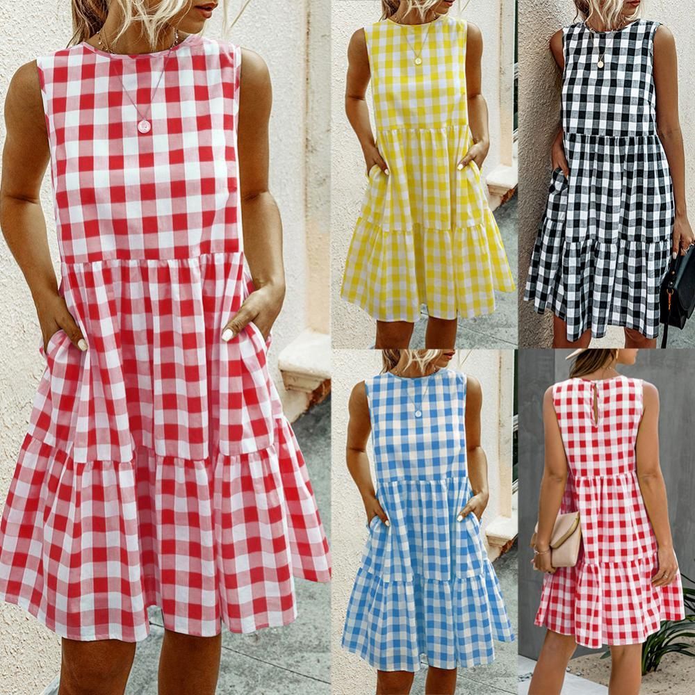 Women Vintage Summer Round Neck Sleeveless Plaid Knee Length A Line Dress