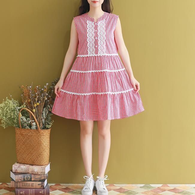 Women Summer Loose Sleeveless Plaid Cotton Linen Short Dress