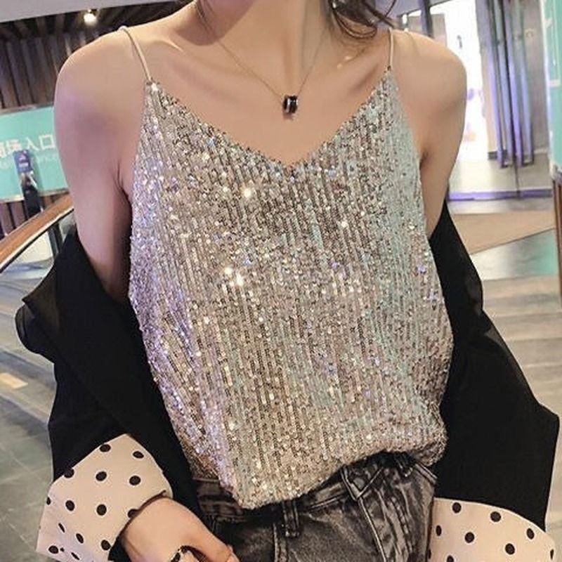 Women&#39;s Glitter Strappy Tank Tops Sexy Sparkle Cami Vest Camisole