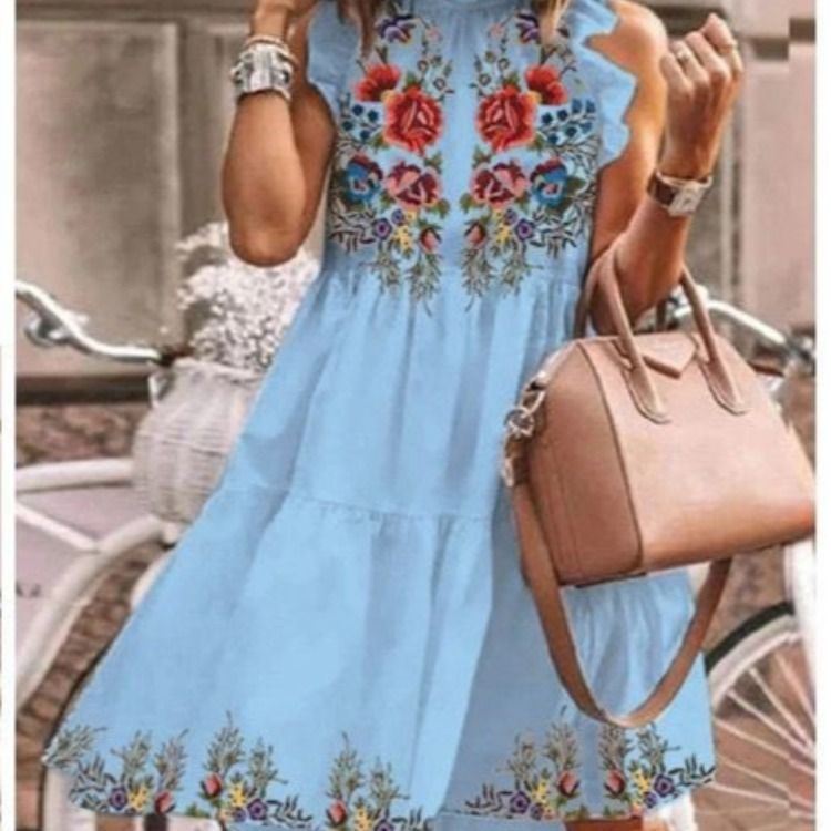 Women Summer Floral Print Loose Sleeveless Ruffle Casual Dress
