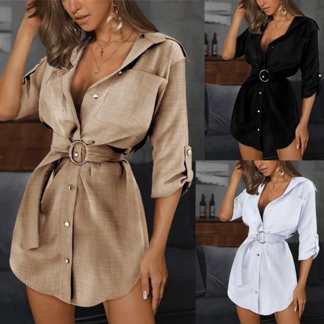 Robe chemise courte à manches mi-longues de couleur unie