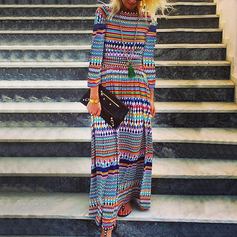 Women Boho Printed Beach Casual Long Sleeve Loose Maxi Dress