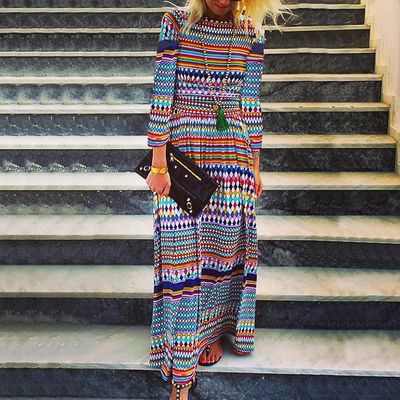 Women Boho Printed Beach Casual Long Sleeve Loose Maxi Dress