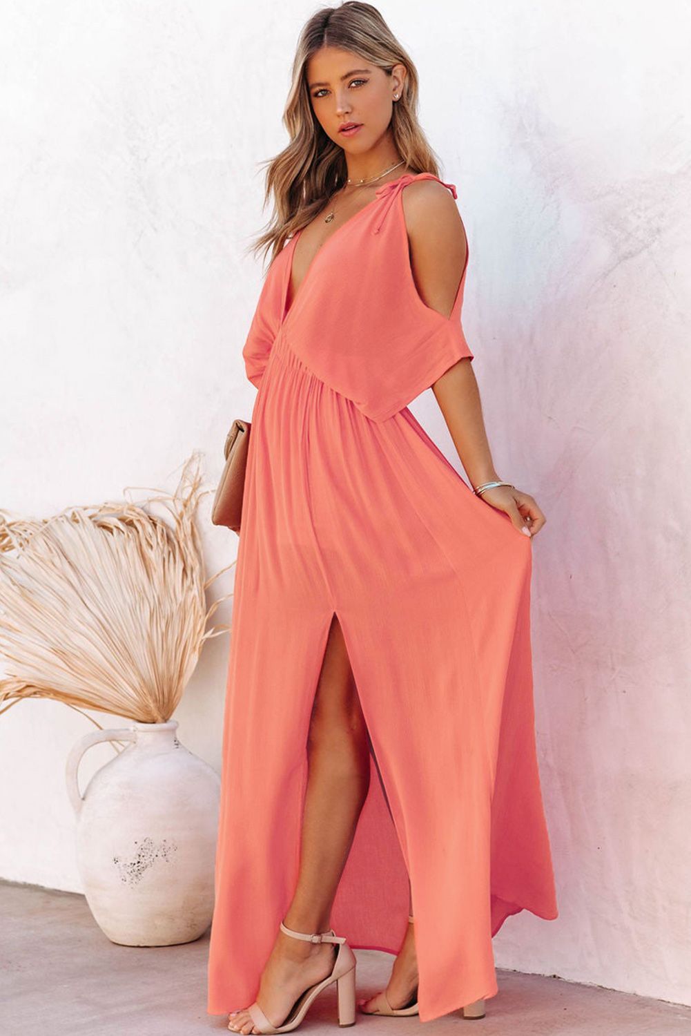 Orange Cold Shoulder Side Slit Backless Deep V Neck Maxi Dress
