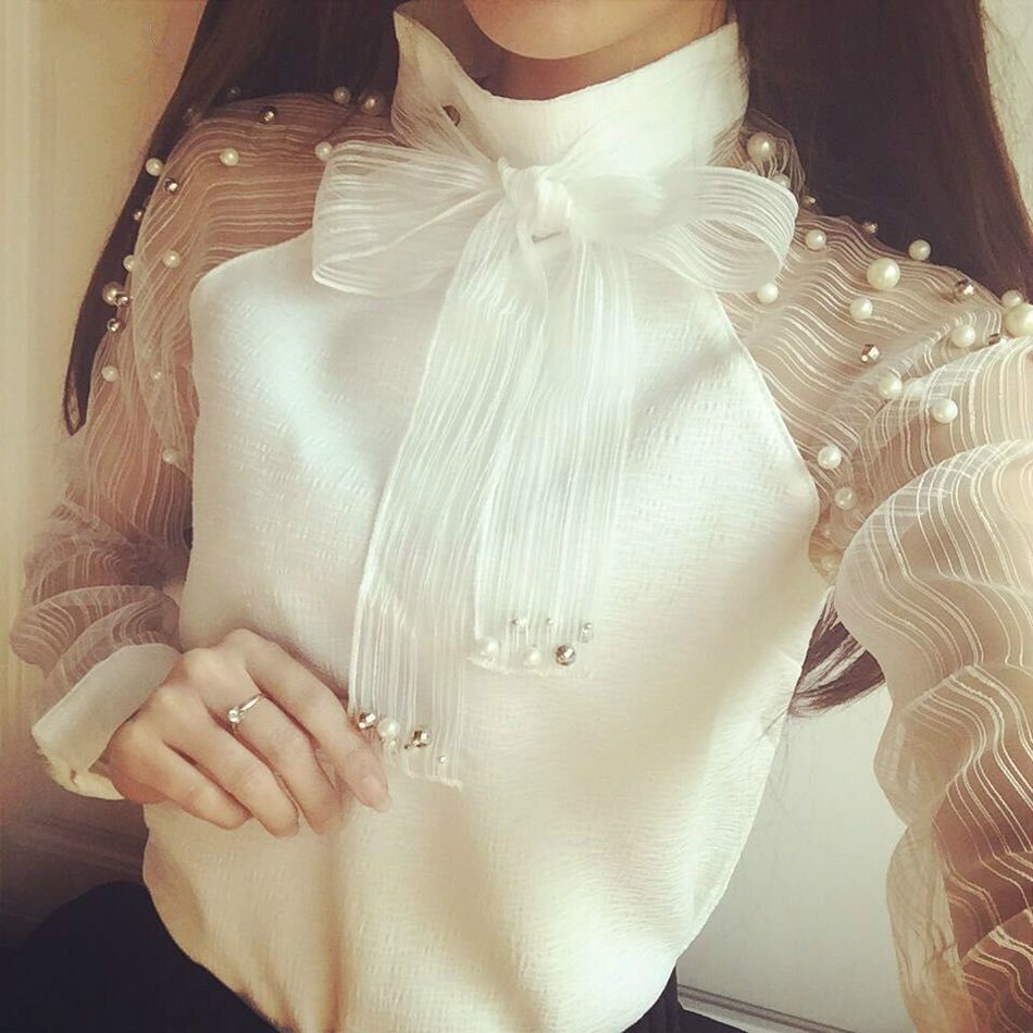 Women Elegant Pearl White Chiffon Shirt Blouses