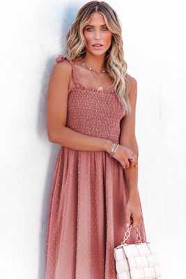 Red Smocked Swiss Dot Maxi Dress