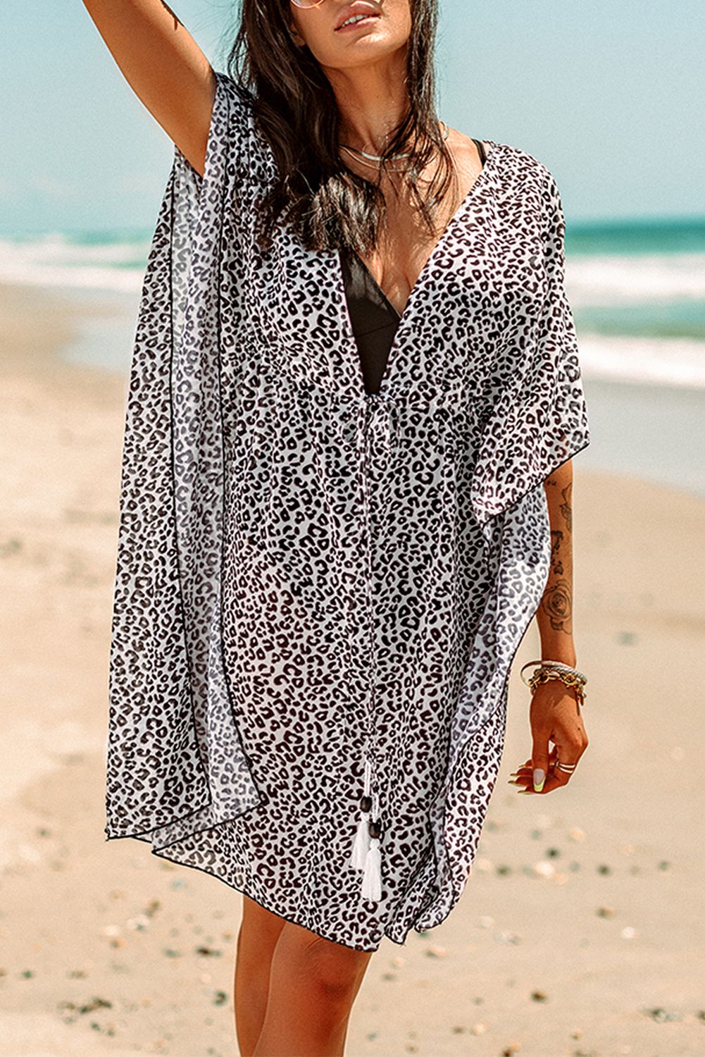 Classical Leopard Print Ruffle Tie Knot V Neck Beach Cover-up