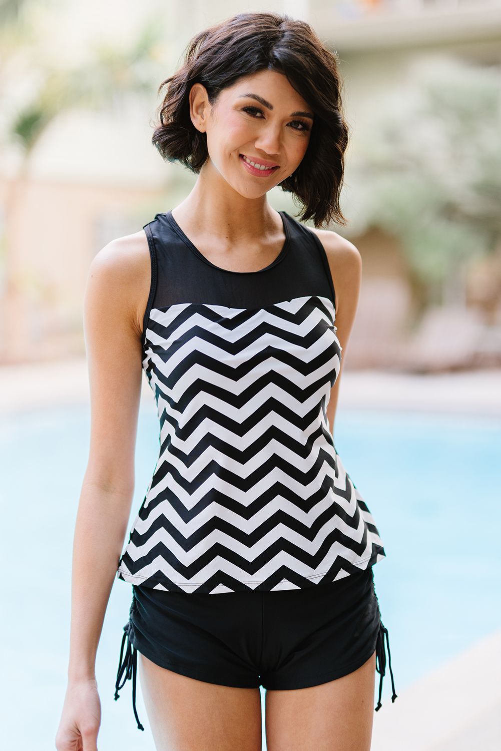 Black White Zigzag Print Mesh Splice 2pcs Tankini Swimsuit