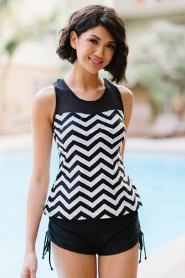 Black White Zigzag Print Mesh Splice 2pcs Tankini Swimsuit