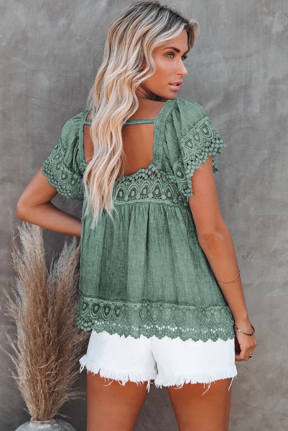 Green Lace Pom Pom Splicing Square Neck Blouse