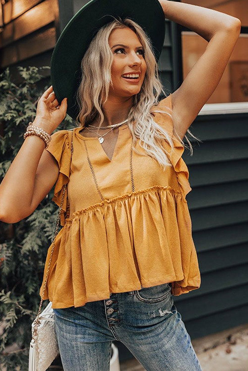 Yellow Flounce Cap Sleeve Babydoll Top