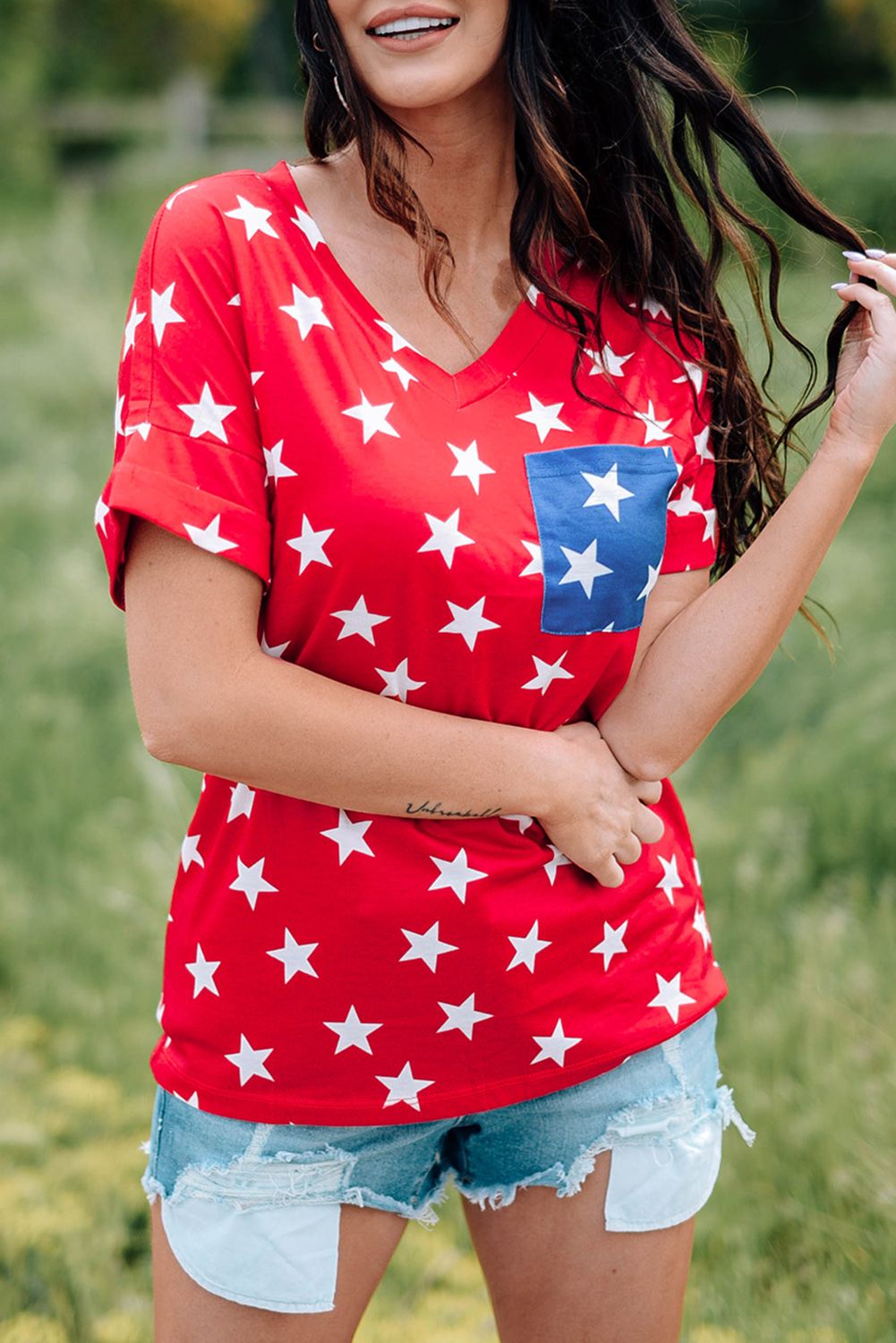 USA Star Print Patch Pocket Red T-shirt