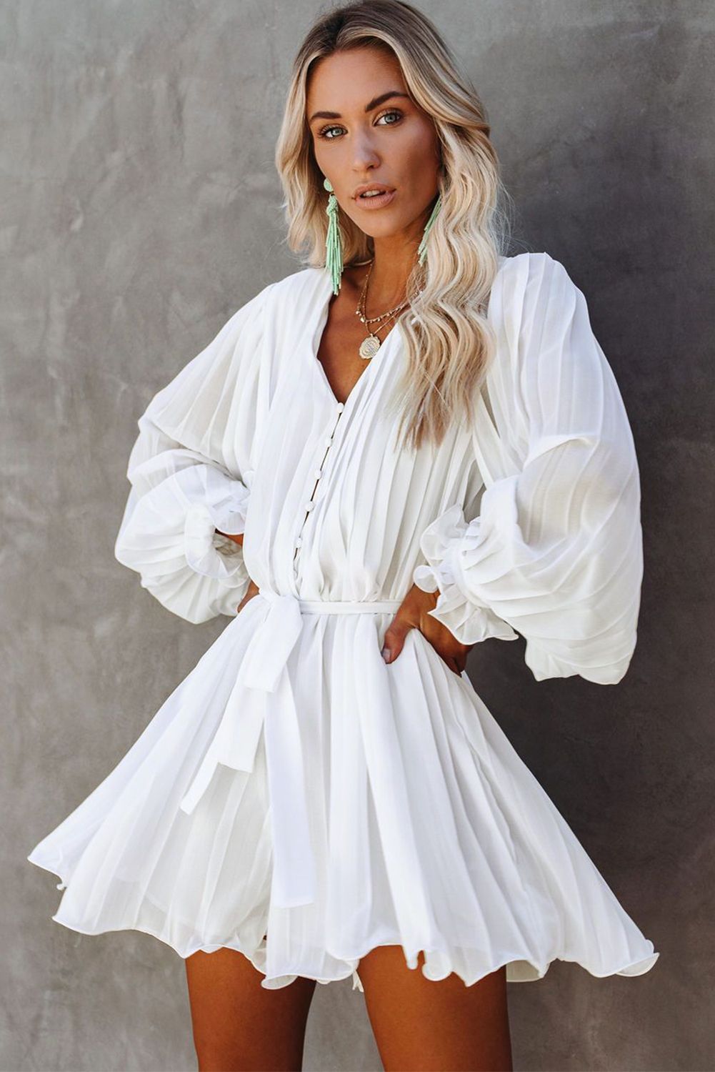 White Pleated Ruffled Tie Waist Buttons V Neck Romper