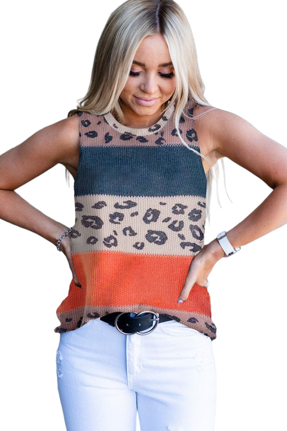 Blue Colorblock Spotted Splicing Knit Tank