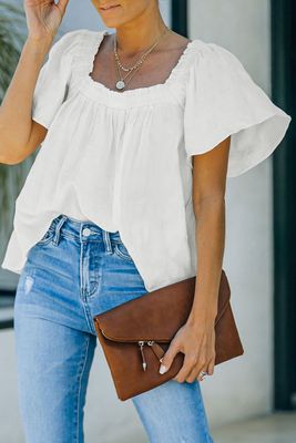 White Square Neck Jacquard Short Sleeves Top