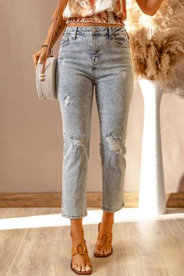 Jean taille haute déchiré bleu ciel clair délavé