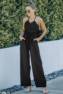 Pantalon large taille haute à volants noir