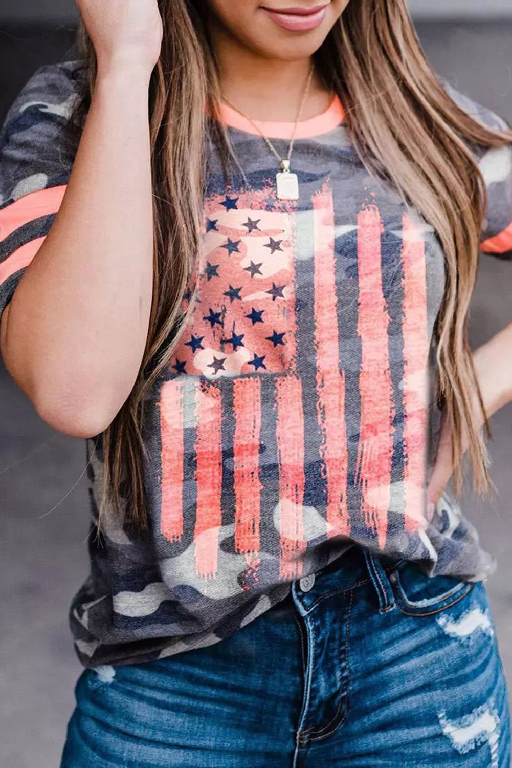 Gray Flag Camo Print Striped Short Sleeve Tee