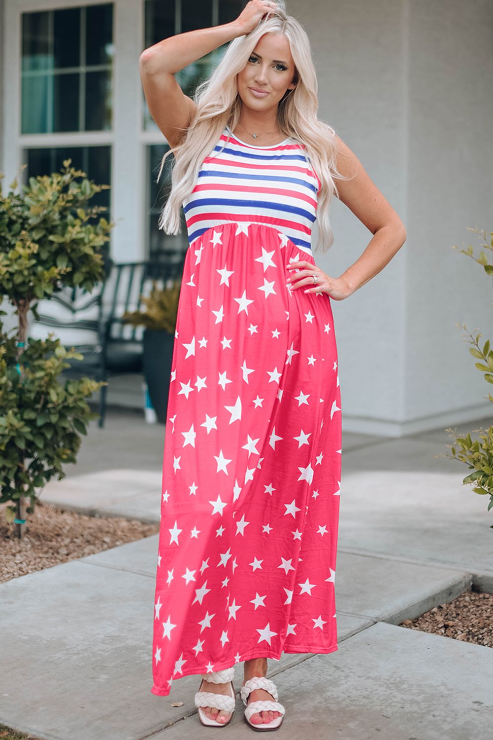 Red Stripes and Stars Sleeveless Maxi Dress with Pockets