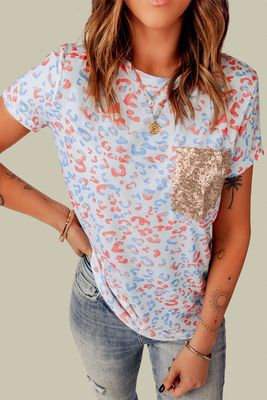 T-shirt imprimé léopard avec poche à paillettes