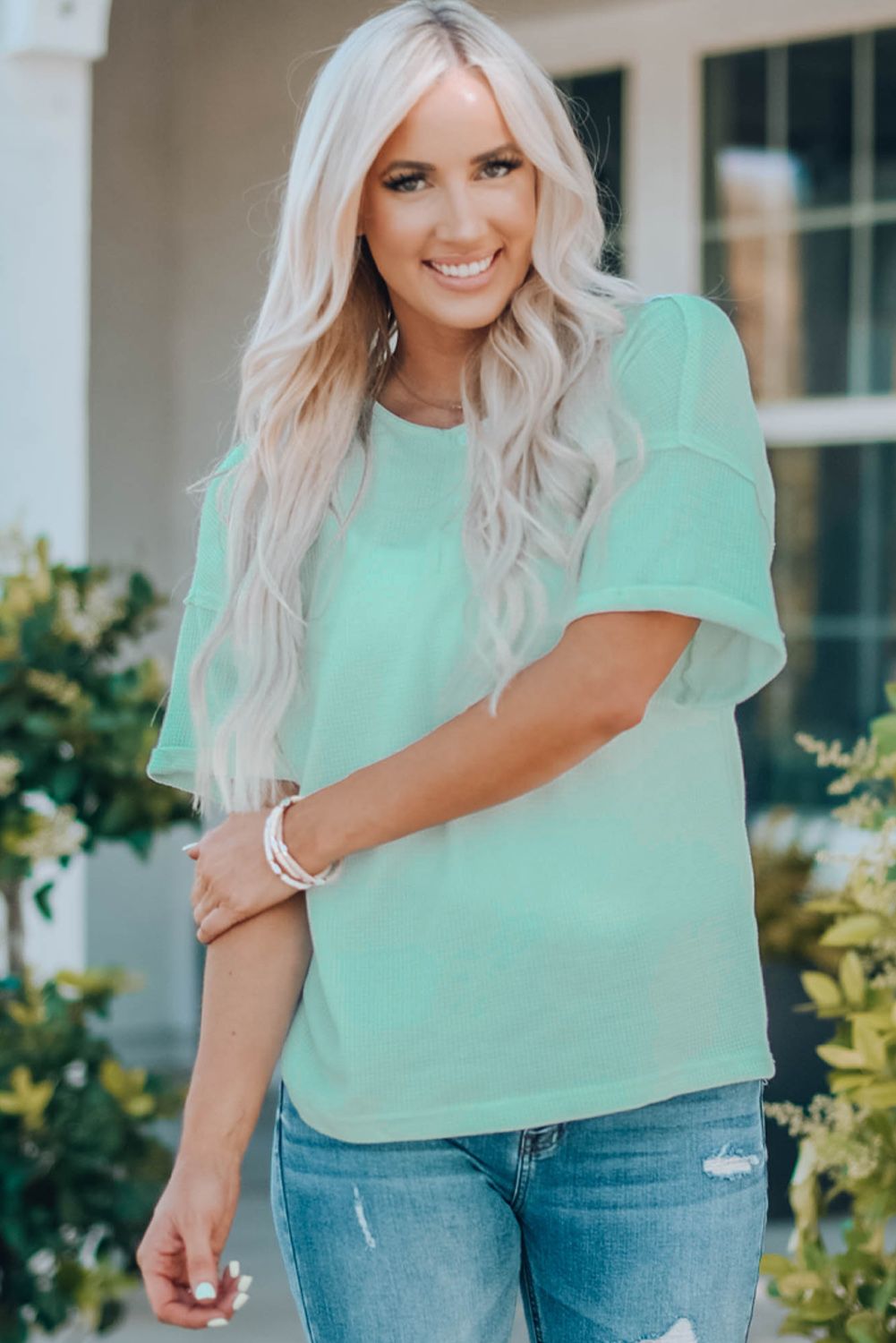 Green Sewn Cuffs Short Sleeves Thermal Knit Top