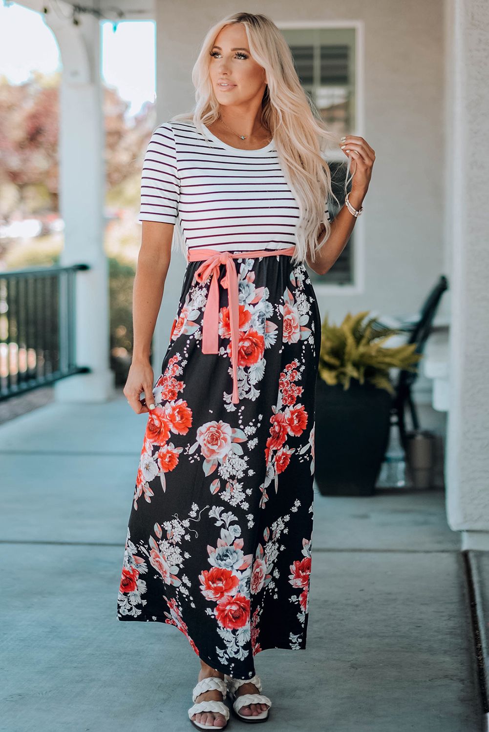 Floral Striped Color Block Lace-up High Waist Maxi Dress