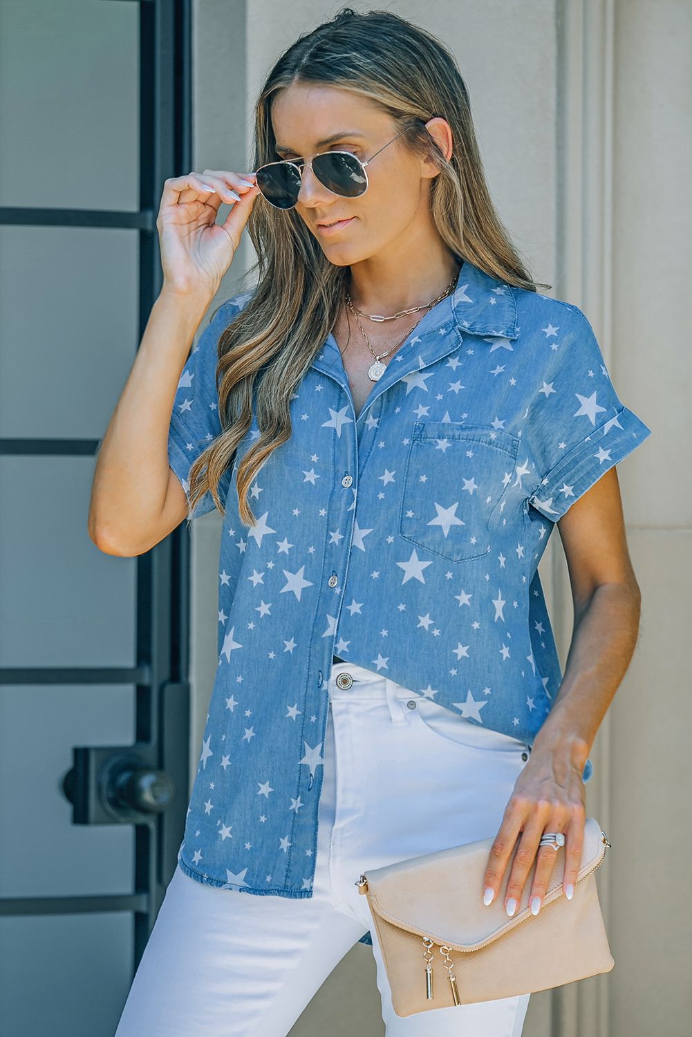 Sky Blue Star Print Chambray Short Sleeve Shirt