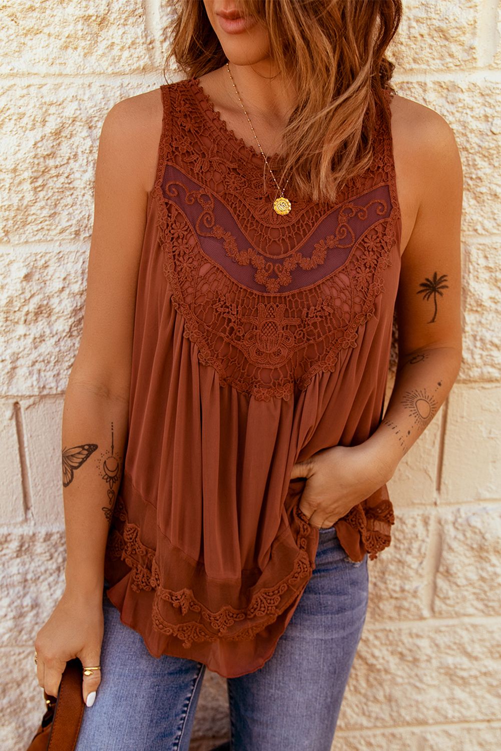 Brown Lace Detail Buttons Back Sleeveless Top
