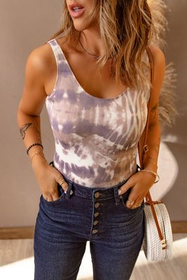 Multicolor Tie-dyed Print Slim-fit U Neck Bodysuit