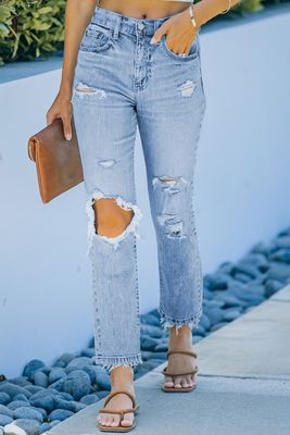 Light Blue Straight Jeans with Distressed Holes