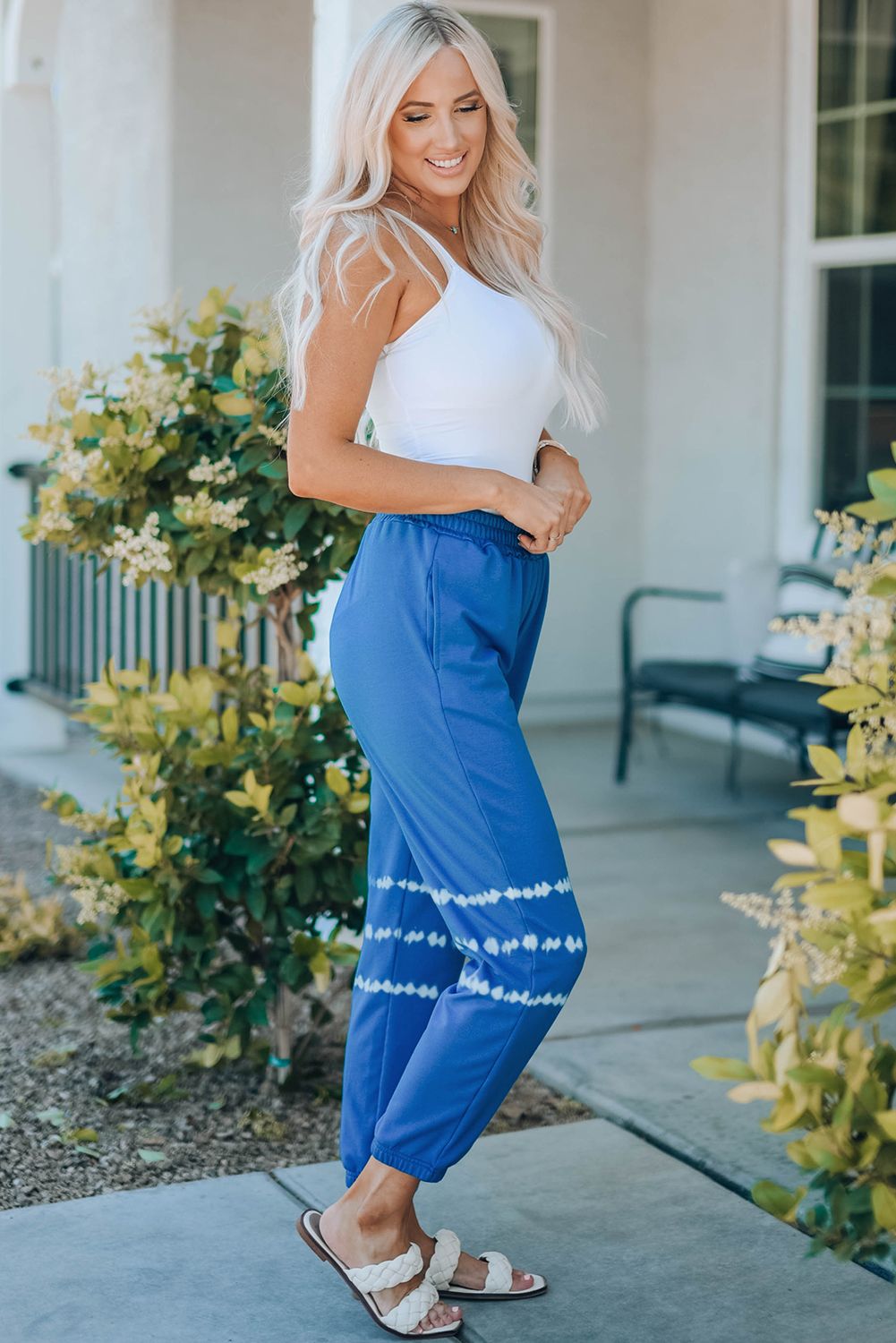 Blue Tie Dyed Print Elastic High Waist Jogger Pants