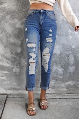 Jean skinny bleu taille haute effet vieilli