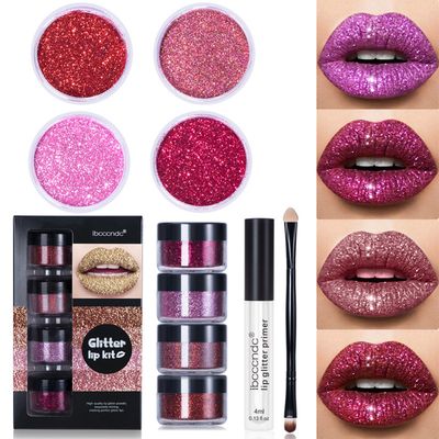 4 Colors Glitter Powder Lip Gloss Kit Shiny Bright Sparkling Lips Makeup
