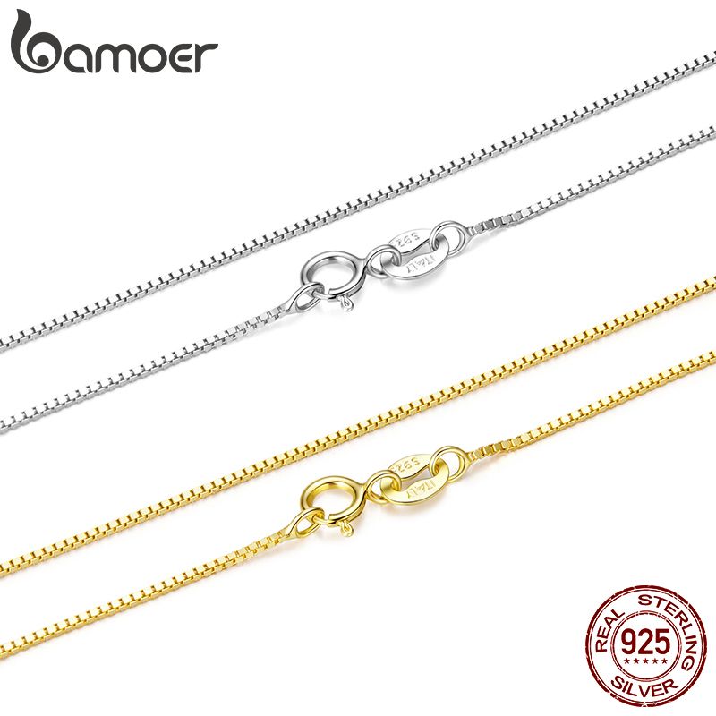 BAMOER Solid Gold Over 925 Sterling Silver Chain Necklace for Women Girls, 0.8mm Box Chain Super Thin &amp; Strong Necklace Chain