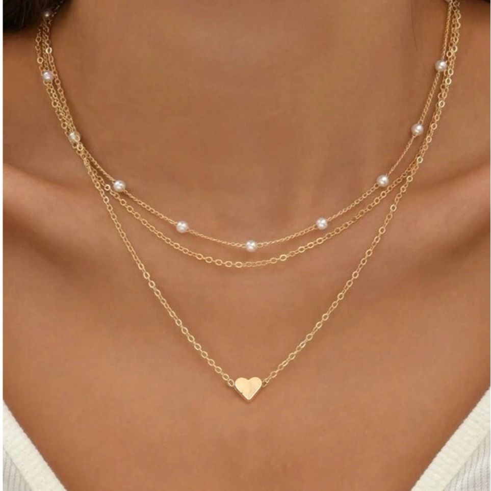 FTCY 3pcs Women&#39;s Pearl Necklace Set 14K Gold Fashion Love Heart Pendant Waterproof Hypoallergenic Collarbone Neck Chain Jewelry