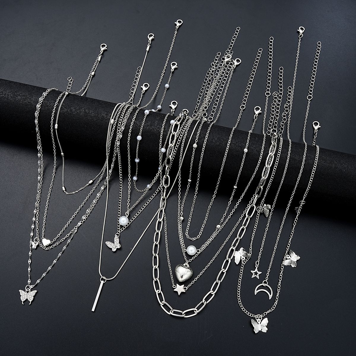 13Pcs/Set Simple Temperament Necklace Set Butterfly Pearl Heart Star Zircon Silver Color Necklace for Women Fashion Jewelry Gift