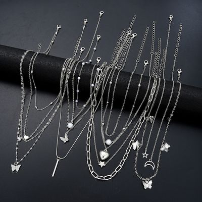 13Pcs/Set Simple Temperament Necklace Set Butterfly Pearl Heart Star Zircon Silver Color Necklace for Women Fashion Jewelry Gift