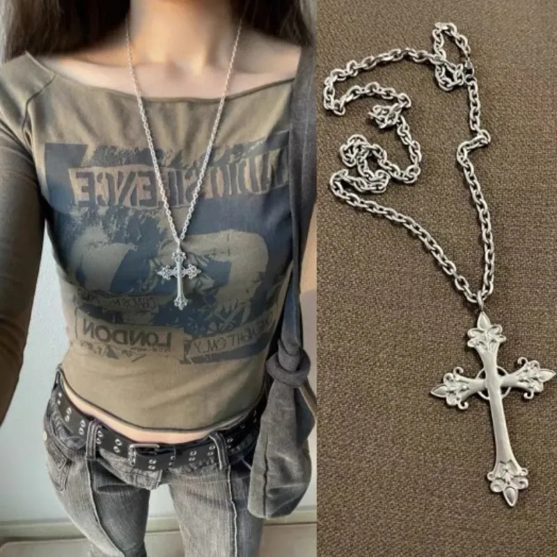 WANZHI New Goth Rose Cross Pendant Necklace for Women Large Silver Carved Sweater Chains Choker Fashion Jewelry Accessories