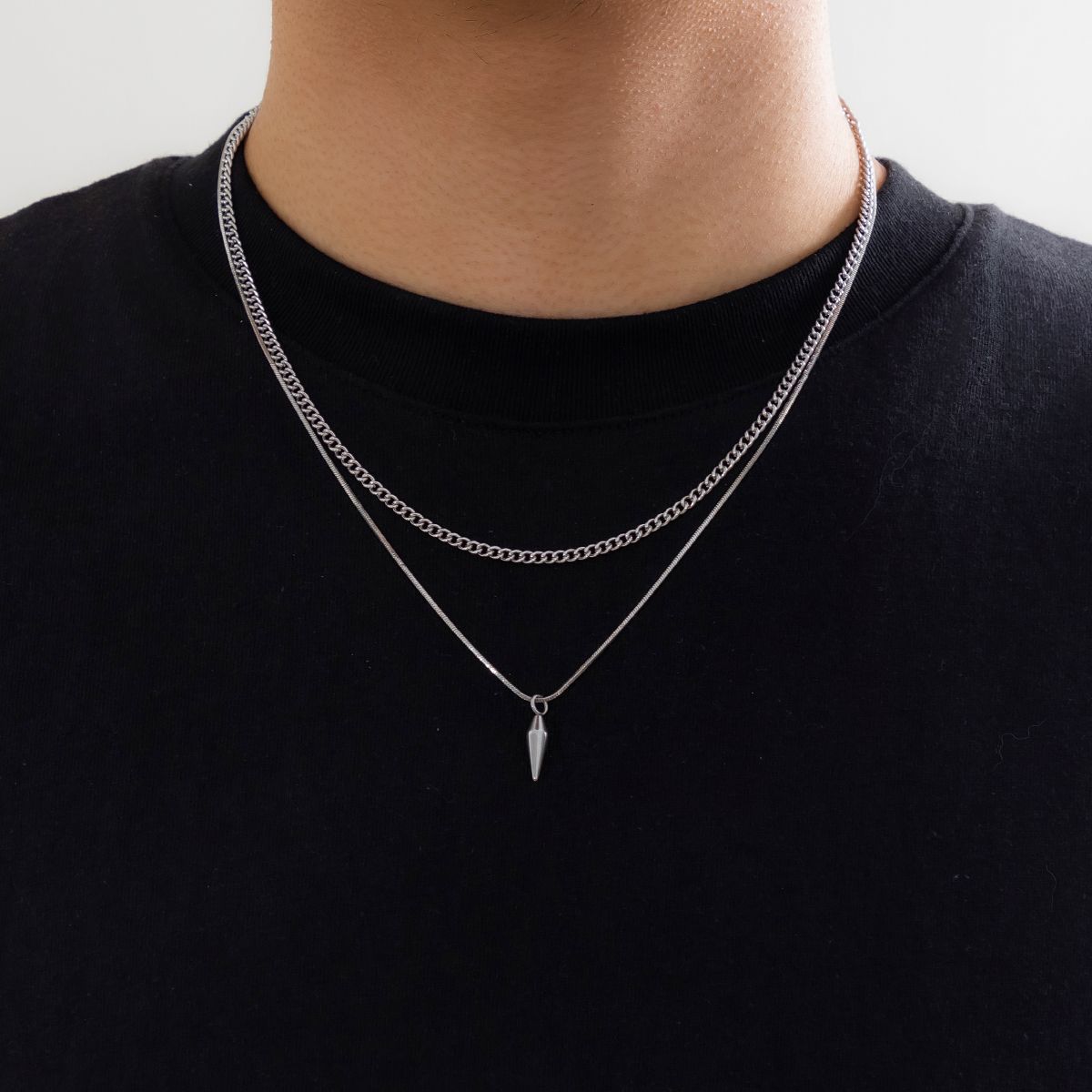 KunJoe 2 pièces/ensemble en acier inoxydable métal rivet pendentif mince serpent chaîne collier pour hommes punk couleur argent cubain lien chaîne ras du cou