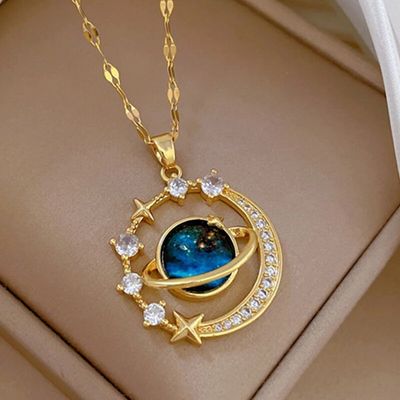 Collier de luxe léger en acier titane série étoile pour femmes couleur or planète lune astronaute pendentif colliers bijoux cadeaux