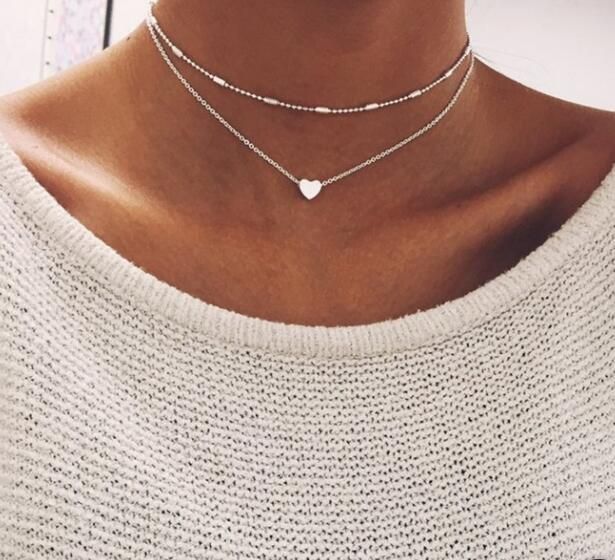 Collier ras du cou doré avec pendentif cœur double couche pour femme, bijou bohème multicouche, idéal comme cadeau