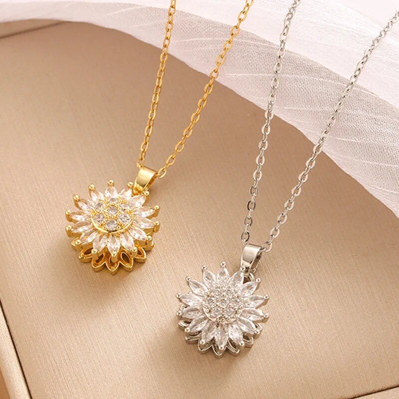 Colliers tendance en acier inoxydable et zircon pour femmes, motif tournesol rotatif, bijoux en métal et cristal, cadeaux d&#39;anniversaire