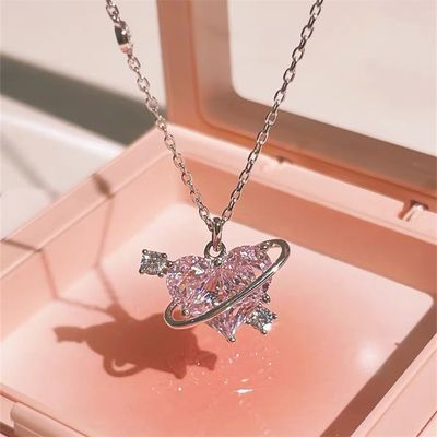Colliers avec pendentif en forme de cœur et de planète rose Y2K en zircon pour femmes, chaîne de clavicule esthétique, cadeau de la Saint-Valentin, bijoux de fête