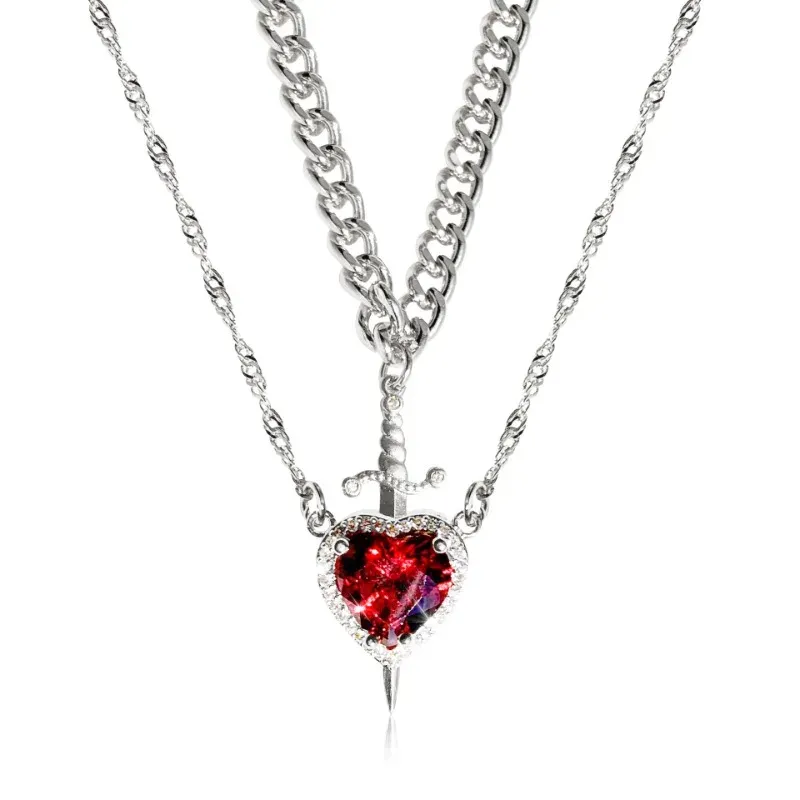 Collier cœur et épée - Colliers pour couple - Ensemble de bijoux en acier inoxydable plaqué or 18 carats avec bague et bracelet en cristal de zircon
