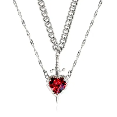 Collier cœur et épée - Colliers pour couple - Ensemble de bijoux en acier inoxydable plaqué or 18 carats avec bague et bracelet en cristal de zircon
