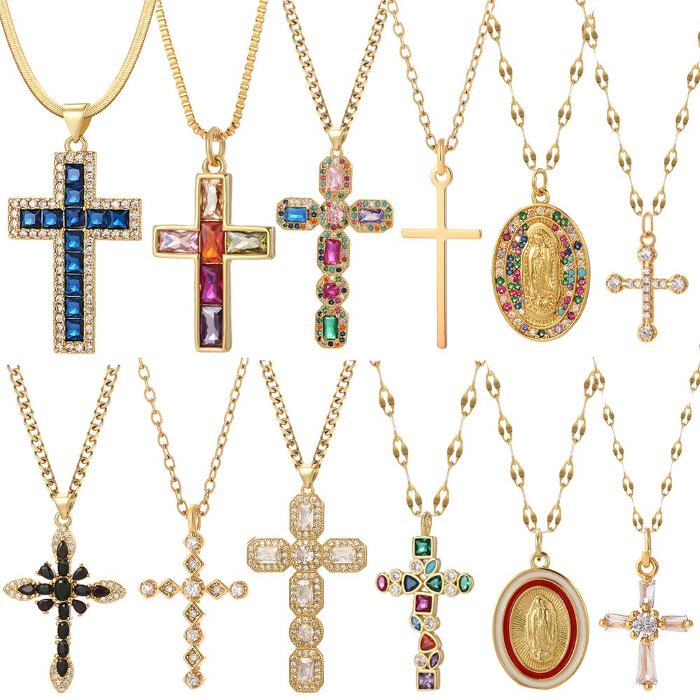 Collier avec pendentif croix pour femme, couleur or, ras du cou Notre-Dame, Jésus, longue chaîne en acier inoxydable, amulette