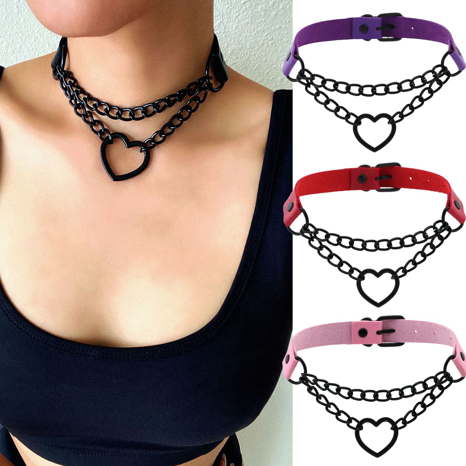 Collier ras du cou vintage en forme de cœur avec chaîne gothique pour filles, style grunge, punk, mignon, kawaii, egirl, accessoires Harajuku