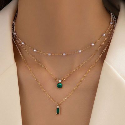 Collier multicouche en Imitation de perles vert émeraude pour femmes, Simple, empilé, rétro, accessoires de bijoux à la mode, cadeaux d&#39;anniversaire
