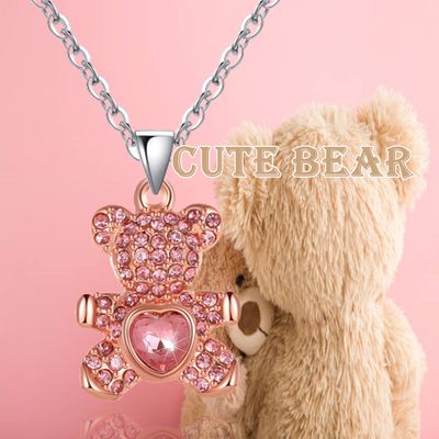 Mignon dessin animé ours rose tenant coeur pendentif collier pour femmes exquis princesse fille fête bijoux accessoires cadeaux d&#39;anniversaire