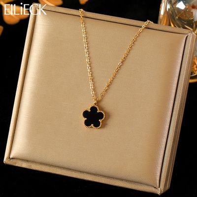 EILIECK 316L acier inoxydable noir trèfle à cinq feuilles pendentif collier pour les femmes mode nouveau cadeau de fête cou chaîne collier de bijoux